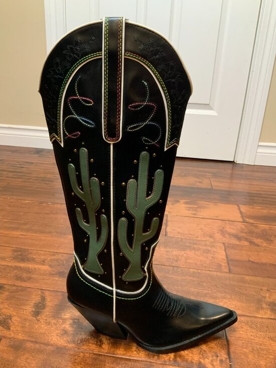 Zara Shoes - Zara Black Contrasting Knee High Cactus Embroidered Cowboy Boots, Size 9 NEW!